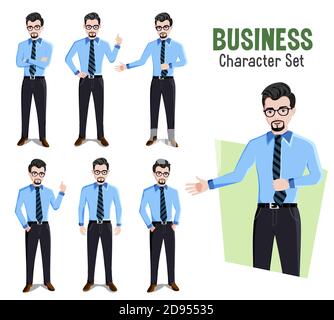 Vektorzeichen für Geschäftsmann festgelegt. Geschäftsmann männliche Figur in verschiedenen Standpositionen und Gesten wie Präsentation und Präsentation für den Firmenchef Stock Vektor