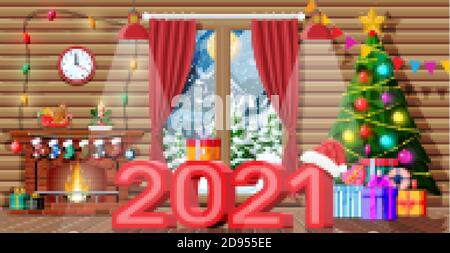 Weihnachtliche Innenausstattung des Zimmers mit Baum, Fenster, Geschenken und dekorierten Kamin. Frohe Dekoration für das neue Jahr. Frohe weihnachten. Neujahr und Weihnachtsfeier. Vektorgrafik flach Stil Stock Vektor