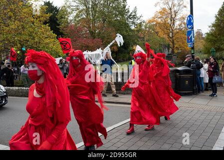 Canterbury, Großbritannien. Oktober 2020. Extinction Rebellion Prozession geführt von den Roten Rebellen über Westgate Towers durch das Zentrum von Canterbury entlang der Fußgängerzone High Street. Ein neues Tag der Toten Spektakel in der Stadt mit Musik, Skeletttieren, und die Trauer und Trost der Roten Rebellen. XR sagt, es besteht die Notwendigkeit, die Regierung und die Institutionen aufzufordern, die Wahrheit über die Klima- und ökologischen Krisen zu sagen, in denen wir uns befinden, und jetzt zu handeln und hinter die CEE-Rechnung zu kommen. Veranstaltet von Extinction Rebellion Canterbury und Extinction Rebellion Southeast UK. Quelle: Stephen Bell/Alamy Stockfoto