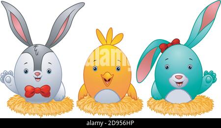 Lustige ostereier mit Kaninchenohren im Nest Stock Vektor