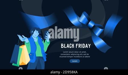 Web-Banner für Black friday Verkauf mit Frau hält Einkaufstaschen, flache Vektor. Stock Vektor