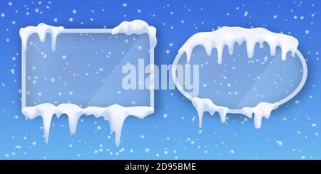 Transparente Glasrahmen mit realistischen Schnee bedeckt. Gefrorener Winter grenzt an schmelzenden Schnee. Quadratische und elliptische Form mit Eisfrost-Elementen Stock Vektor