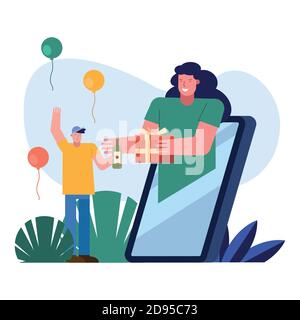 Paar Eröffnung Geschenke in Smartphone-Charaktere Szene Vektor Illustration Design Stock Vektor