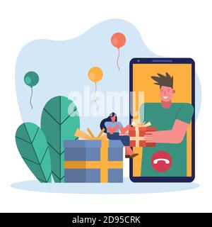 Paar Eröffnung Geschenke in Smartphone-Charaktere Szene Vektor Illustration Design Stock Vektor