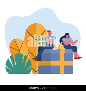 Paar Eröffnung Geschenke Charaktere Szene Vektor Illustration Design Stock Vektor