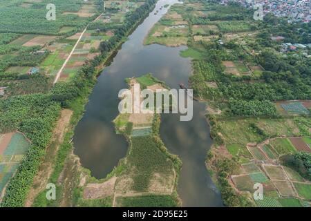 Hanoi Felder auf Red River Delta in Vietnam Luftdrohne Fotoansicht Stockfoto