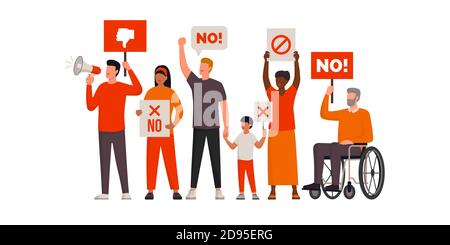Menschen, die gemeinsam protestieren und ihre Rechte verteidigen, stimmen nicht zu und sagen nein Stock Vektor