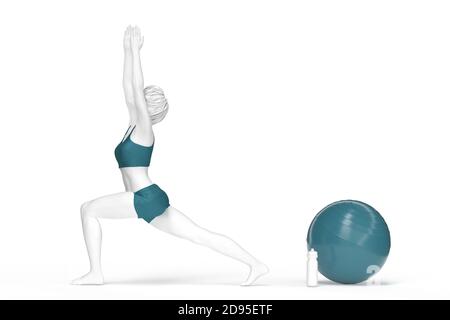 Frau in Kriegerpose während der Yoga-Praxis. 3D-Illustration Stockfoto