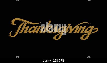 Thanksgiving Pinsel Hand Schriftzug Kunst. Script Stil Gold Buchstaben auf isolierten schwarzen Hintergrund. Vektor Text Illustration T-Shirt Design, Druck, Poster, Stock Vektor