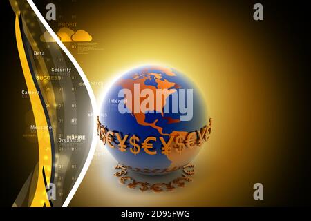 3d-Darstellung von Welt und Währung Stockfoto