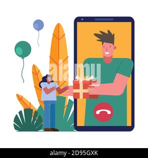 Paar Eröffnung Geschenke in Smartphone-Charaktere Szene Vektor Illustration Design Stock Vektor