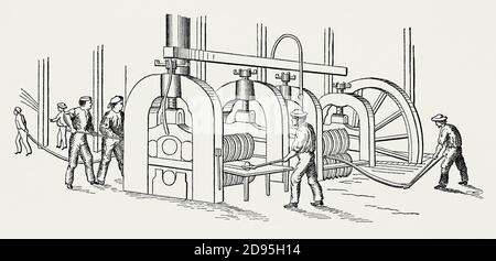 Eine alte Gravur, die Arbeiter zeigt, wie sie das heiße Metall ‘langen Stäben in einer Walzmaschine oder „Kugelkette“ in einem Eisenwerk oder einer Gießerei im 19. Jahrhundert herausziehen. Es ist aus einem viktorianischen Maschinenbaubuch der 1880er Jahre. Ein Eisenwerk oder Eisenwerk ist ein Industriewerk, in dem Eisen geschmolzen wird und wo schwere Eisen- und Stahlprodukte hergestellt werden. Eine integrierte Eisenhütte in den 1800er Jahren in der Regel enthalten Hochöfen und eine Reihe von Pfützen Öfen oder eine Gießerei mit oder ohne andere Arten von Eisenwerken. Stockfoto