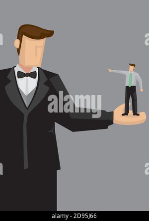 Cartoon Riese Mann in formellen Anzug und Fliege mit einem kleinen Mann auf seiner Handfläche zeigt auf ihn. Kreative Vektordarstellung isoliert auf grauem Hintergrund. Stock Vektor