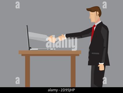 Geschäftsmann verlängern Arm für Handshake mit der Hand von Laptop-Computer. Creative Cartoon Vektor Illustration auf Metapher für erfolgreiche Geschäft zu tun Stock Vektor