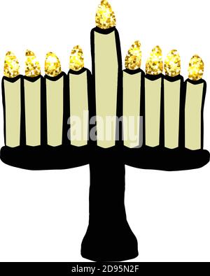 Chanukka schwarz mit Kerzen. Goldene Lichter. Jüdischer Feiertag Chanukka. 3d-Vektordarstellung auf isoliertem Hintergrund. Stock Vektor