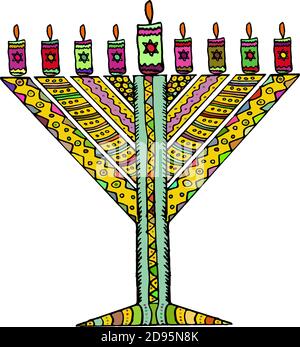 Bunte Hanukkah im Stil von Doodle. Dreieckige Chanukiah Chabad. Jüdischer Feiertag Chanukka. Handzeichnen. Skizze. Vektordarstellung auf isoliert Stock Vektor