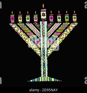 Bunte Hanukkah im Stil von Doodle. Dreieckige Chanukah Chabad. Jüdischer Feiertag Chanukka. Handzeichnen. Skizze. Vektorgrafik auf Schwarz Stock Vektor