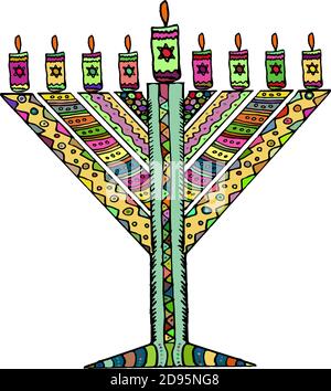 Bunte Hanukkah im Stil von Doodle. Dreieckige Chanukiah Chabad. Jüdischer Feiertag Chanukka. Handzeichnen. Skizze. Vektordarstellung auf isoliert Stock Vektor