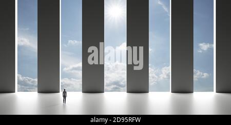 Konzept der großen modernen Tempel hoch in den Wolken 3d 3D-Illustration rendern Stockfoto
