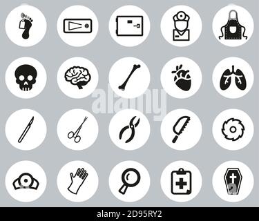 Morgue Oder Coroner Equipment Icons Black & White Flat Design Kreis Groß Stock Vektor