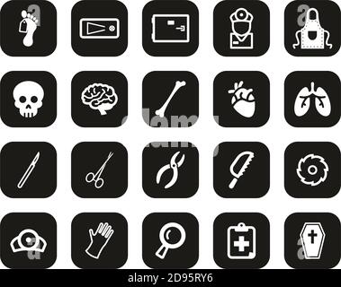 Morgue Oder Coroner Equipment Icons Weiß Auf Schwarz Flat Design Groß Einstellen Stock Vektor