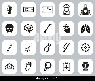 Morgue Oder Coroner Equipment Icons Black & White Flat Design Groß Einstellen Stock Vektor