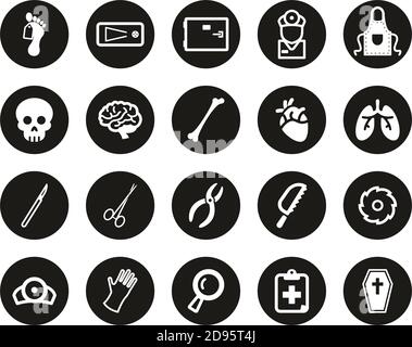 Morgue Oder Coroner Equipment Icons Weiß Auf Schwarz Flat Design Kreis Groß Stock Vektor