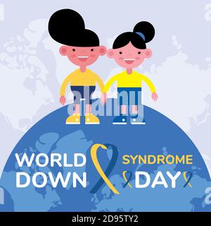 World Down Sindrome Day Kampagne Poster mit Kindern in der Erde Planeten Vektor Illustration Design Stock Vektor