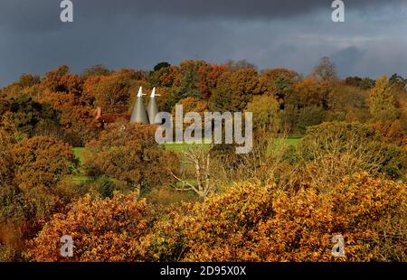 Ein Haus in der Nähe von Hawkhurst in Kent, umgeben von Herbstfarben in der Morgensonne. Die Weidenhäuser sind ein besonderes Merkmal der Landschaft von Kent und Sussex und wurden ursprünglich zum Trocknen des geernteten reifen Hopfens gebaut, der als Zutat beim Bierbrauen verwendet wurde. Stockfoto