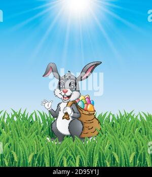 Osterhase Kaninchen mit ostereiern einen Sack voll Im Hintergrund Gras Stock Vektor