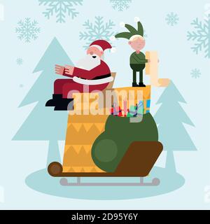 weihnachtsmann und Elfe mit Geschenktüte in Schornstein weihnachten Zeichen Vektor Illustration Design Stock Vektor