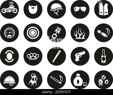 Motorrad Club Oder Motorrad Gang Icons Weiß Auf Schwarz Flat Design Kreis Set Groß Stock Vektor