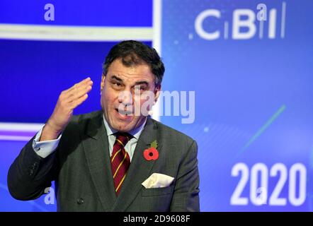 CBI-Präsident Lord Karan Bilimoria spricht während der CBI-Jahreskonferenz im ITN-Hauptquartier im Zentrum von London. Stockfoto