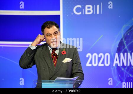 CBI-Präsident Lord Karan Bilimoria spricht während der CBI-Jahreskonferenz im ITN-Hauptquartier im Zentrum von London. Stockfoto