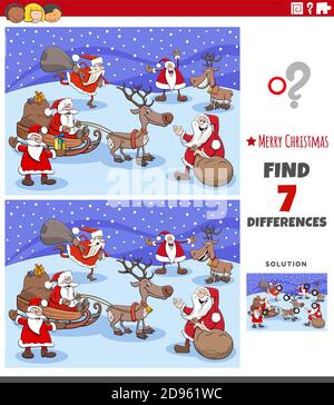 Cartoon Illustration der Suche nach Unterschieden zwischen Bildern pädagogische Spiel für Kinder mit Weihnachtsmuren Stock Vektor