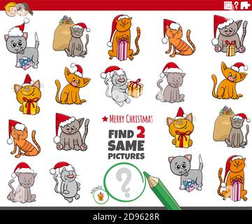Cartoon Illustration der Suche nach zwei gleichen Bildern pädagogische Spiel mit Niedliche Katzen und Kätzchen Zeichen auf Weihnachten Zeit Stock Vektor