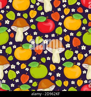 Rote, grüne und gelbe Äpfel, Pilze und Blätter nahtlose Muster, Cartoon Handzeichnung, bunte Herbst Hintergrund. Für Stoff-Design, Textil-prin Stock Vektor