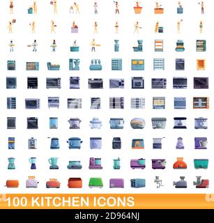 100 Küchensymbole. Cartoon Illustration von 100 Küche Icons Vektor-Set isoliert auf weißem Hintergrund Stock Vektor