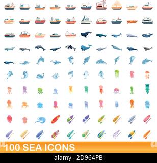 100 SEA-Symbole festgelegt. Cartoon Illustration von 100 SEA Icons Vector auf weißem Hintergrund isoliert gesetzt Stock Vektor
