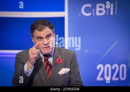 Lord Karan Bilimoria, Präsident des CBI, hält seine Keynote-Rede auf der CBI-Jahreskonferenz im ITN-Hauptquartier im Zentrum von London. Stockfoto