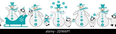 Schneemann und Baby Pinguin nahtlose Vektor-Grenze. Fun blau weißen Banner mit lächelnden, lachenden Schneemänner, kleine Penuins in Hüten gekleidet, Schals Stock Vektor