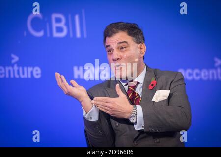 Lord Karan Bilimoria, Präsident des CBI, hält seine Keynote-Rede auf der CBI-Jahreskonferenz im ITN-Hauptquartier im Zentrum von London. Stockfoto