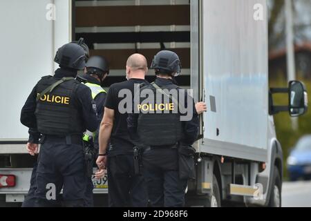 Dolni Dvoriste, Tschechische Republik. November 2020. Polizeibeamte kontrollieren ein Auto an den Grenzen zwischen Tschechien und Österreich in Dolni Dvoriste, Tschechische Republik, 3. November 2020. Als Reaktion auf einen Anschlag in der Nähe einer Synagoge in Wien verschärfte die Polizei den Schutz der tschechisch-österreichischen Grenzen. Bei dem Terroranschlag im Zentrum von Wien am 2. November starben eine Zivilperson und einer der Attentäter, die die Polizei erschossen hat. Kredit: Vaclav Pancer/CTK Foto/Alamy Live Nachrichten Stockfoto