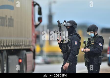 Dolni Dvoriste, Tschechische Republik. November 2020. Polizeibeamte kontrollieren ein Auto an der Grenze zwischen Tschechien und Österreich in Dolni Dvoriste, Tschechische Republik, 3. November 2020. Als Reaktion auf einen Anschlag in der Nähe einer Synagoge in Wien verschärfte die Polizei den Schutz der tschechisch-österreichischen Grenzen. Bei dem Terroranschlag im Zentrum von Wien am 2. November starben eine Zivilperson und einer der Attentäter, die die Polizei erschossen hat. Kredit: Vaclav Pancer/CTK Foto/Alamy Live Nachrichten Stockfoto