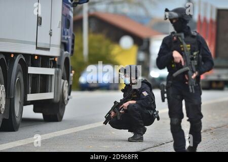 Dolni Dvoriste, Tschechische Republik. November 2020. Polizeibeamte kontrollieren ein Auto an den Grenzen zwischen Tschechien und Österreich in Dolni Dvoriste, Tschechische Republik, 3. November 2020. Als Reaktion auf einen Anschlag in der Nähe einer Synagoge in Wien verschärfte die Polizei den Schutz der tschechisch-österreichischen Grenzen. Bei dem Terroranschlag im Zentrum von Wien am 2. November starben eine Zivilperson und einer der Attentäter, die die Polizei erschossen hat. Kredit: Vaclav Pancer/CTK Foto/Alamy Live Nachrichten Stockfoto