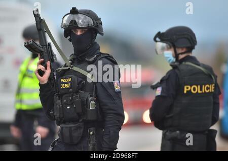 Dolni Dvoriste, Tschechische Republik. November 2020. Polizeibeamte kontrollieren ein Auto an der Grenze zwischen Tschechien und Österreich in Dolni Dvoriste, Tschechische Republik, 3. November 2020. Als Reaktion auf einen Anschlag in der Nähe einer Synagoge in Wien verschärfte die Polizei den Schutz der tschechisch-österreichischen Grenzen. Bei dem Terroranschlag im Zentrum von Wien am 2. November starben eine Zivilperson und einer der Attentäter, die die Polizei erschossen hat. Kredit: Vaclav Pancer/CTK Foto/Alamy Live Nachrichten Stockfoto