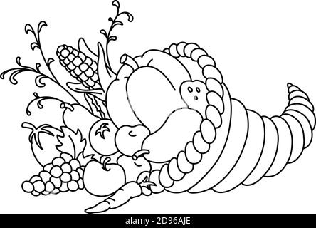 Umrandete Horn of Plenty. Thanksgiving Füllhorn mit Herbstfrüchten und Gemüse. Vektor lineart Illustration Malvorlagen. Stock Vektor