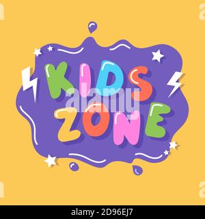 Kids Zone, bunte Schildervorlage mit handgezeichneten Schriftzügen, Vektorgrafik Stock Vektor