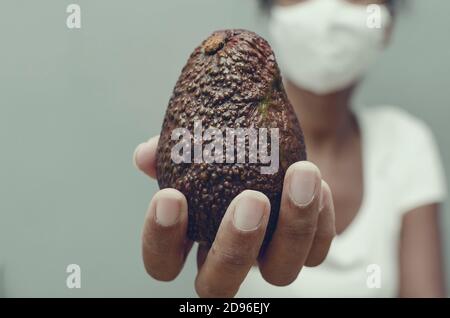Nahaufnahme und selektiver Fokus auf eine Avocado (Persea americana) In der Hand einer schwarzen Frau auf einem verschwommen Hintergrund Stockfoto