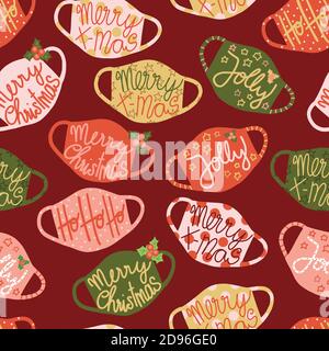 Weihnachten Gesichtsmasken nahtlose Vektor-Muster. Coronavirus Pandemie im Zusammenhang mit Urlaub Hintergrund. Wiederholendes Muster mit bunten Schutzmasken Stock Vektor